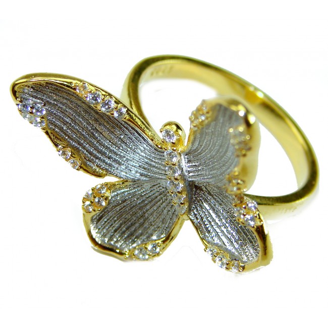 Golden Butterfly White Topaz highly polished 18K Gold over .925 Sterling Silver Italy made ring s. 7 1/4