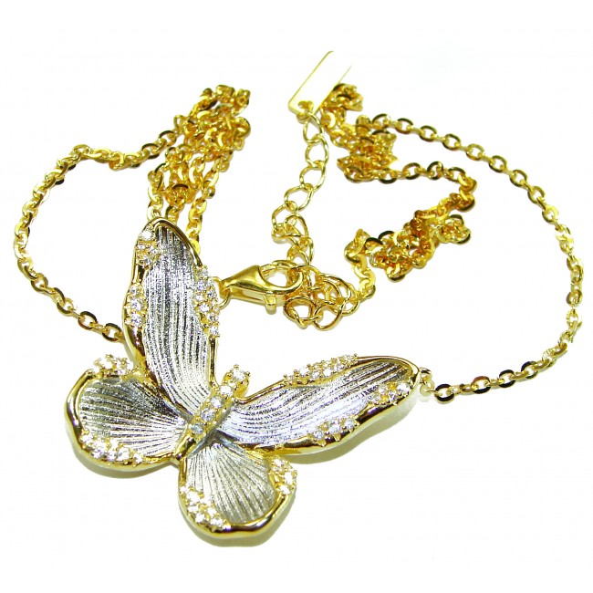 Golden Butterfly White Topaz highly polished 18K Gold over .925 Sterling Silver Italy made necklace