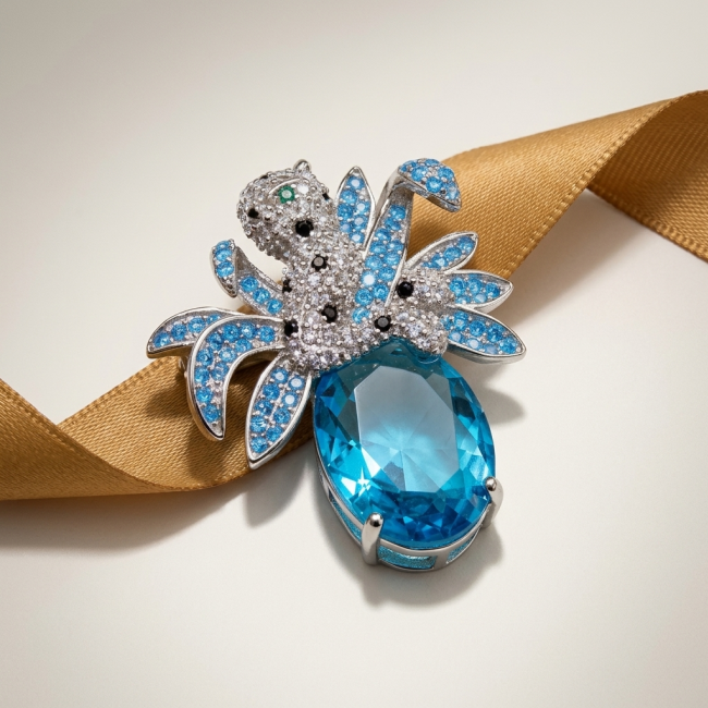 Blue Cheetah authentic 12.5 carat Swiss Blue Topaz .925 Sterling Silver Handcrafted pendant brooch - photo 1