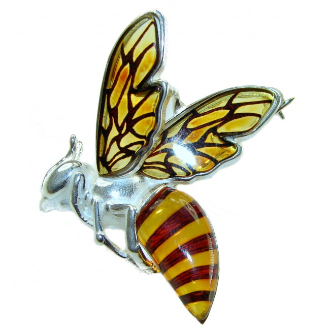 Real Masterpiece Honey Bee Baltic Polish Amber .925 Sterling Silver Handmade Pendant Brooch