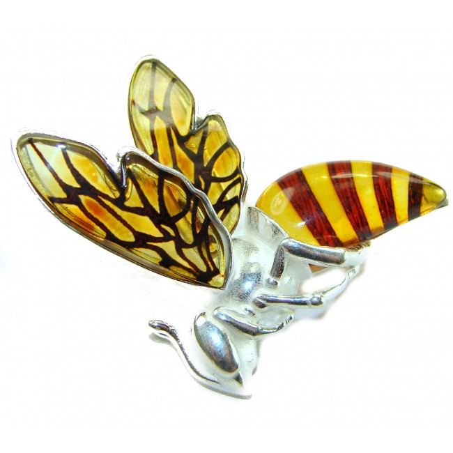 Real Masterpiece Honey Bee Baltic Polish Amber .925 Sterling Silver Handmade Pendant Brooch
