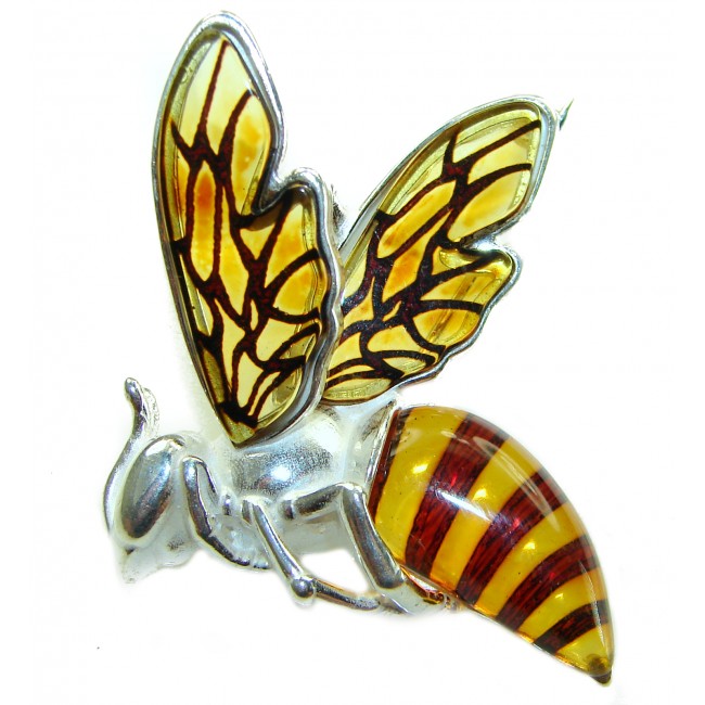 Real Masterpiece Honey Bee Baltic Polish Amber .925 Sterling Silver Handmade Pendant Brooch