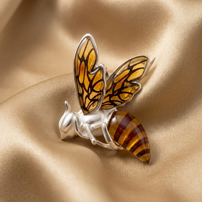 Real Masterpiece Honey Bee Baltic Polish Amber .925 Sterling Silver Handmade Pendant Brooch