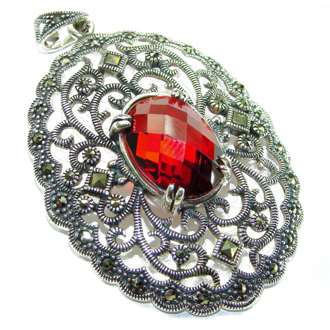 Mesmerizing Vintage Style Genuine 11.5 carat Ruby Marcasite .925 Sterling Silver handmade Pendant
