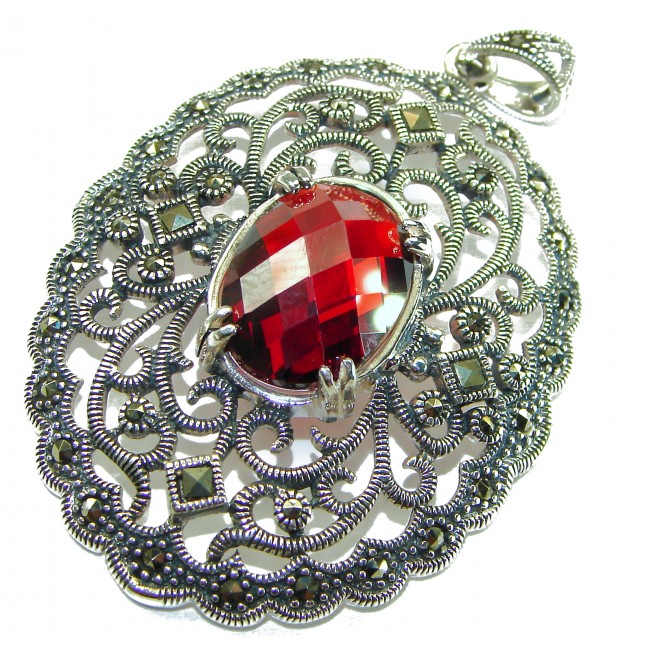 Mesmerizing Vintage Style Genuine 11.5 carat Ruby Marcasite .925 Sterling Silver handmade Pendant