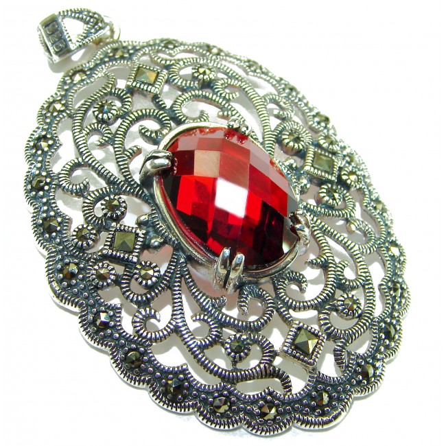 Mesmerizing Vintage Style Genuine 11.5 carat Ruby Marcasite .925 Sterling Silver handmade Pendant