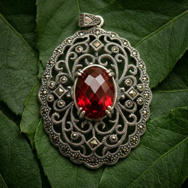 Mesmerizing Vintage Style Genuine 11.5 carat Ruby Marcasite .925 Sterling Silver handmade Pendant