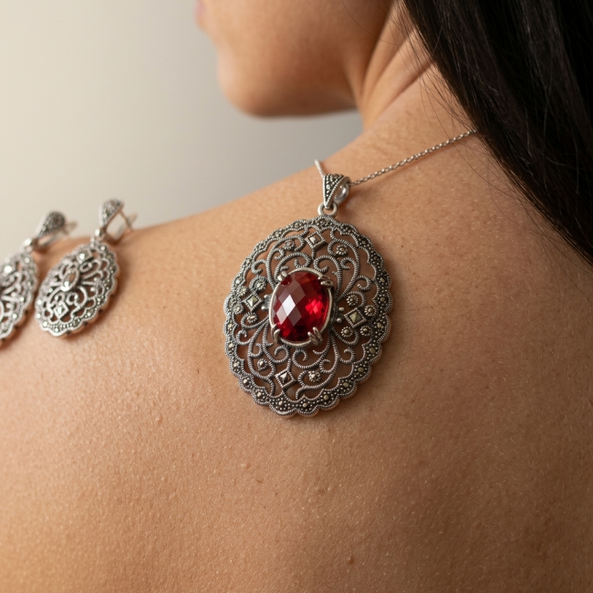 Mesmerizing Vintage Style Genuine 11.5 carat Ruby Marcasite .925 Sterling Silver handmade Pendant