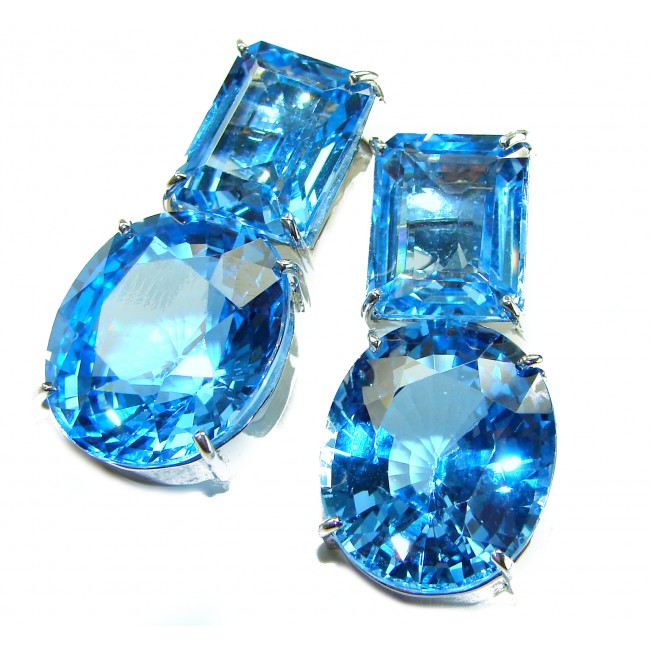 Atlantica 42.7 carat Swiss Blue Topaz 2 tones .925 Sterling Silver Handcrafted Statement earrings