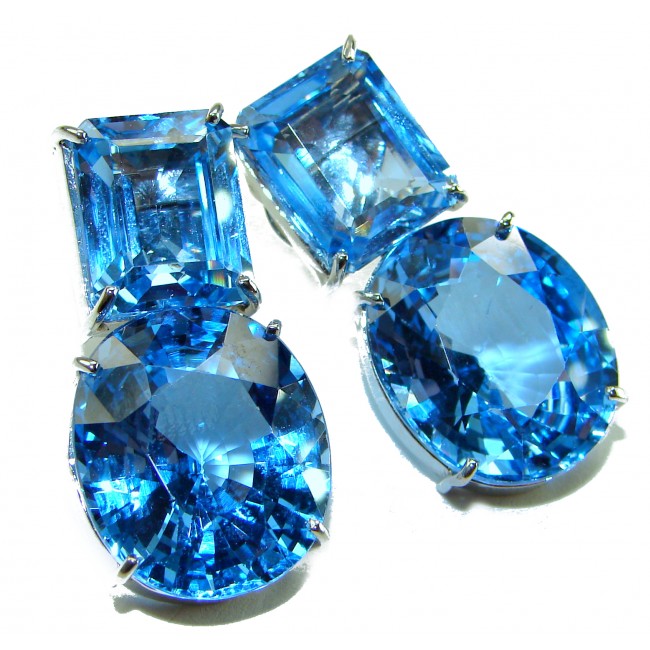 Atlantica 42.7 carat Swiss Blue Topaz 2 tones .925 Sterling Silver Handcrafted Statement earrings