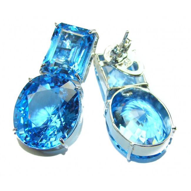 Atlantica 42.7 carat Swiss Blue Topaz 2 tones .925 Sterling Silver Handcrafted Statement earrings
