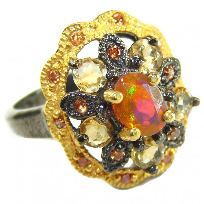 Queen of Fire best quality 2.8carat Mexican Opal 18K Gold black rhodium over .925 Sterling Silver handmade ring 7 1/4
