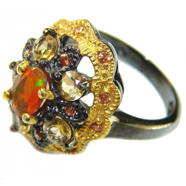 Queen of Fire best quality 2.8carat Mexican Opal 18K Gold black rhodium over .925 Sterling Silver handmade ring 7 1/4