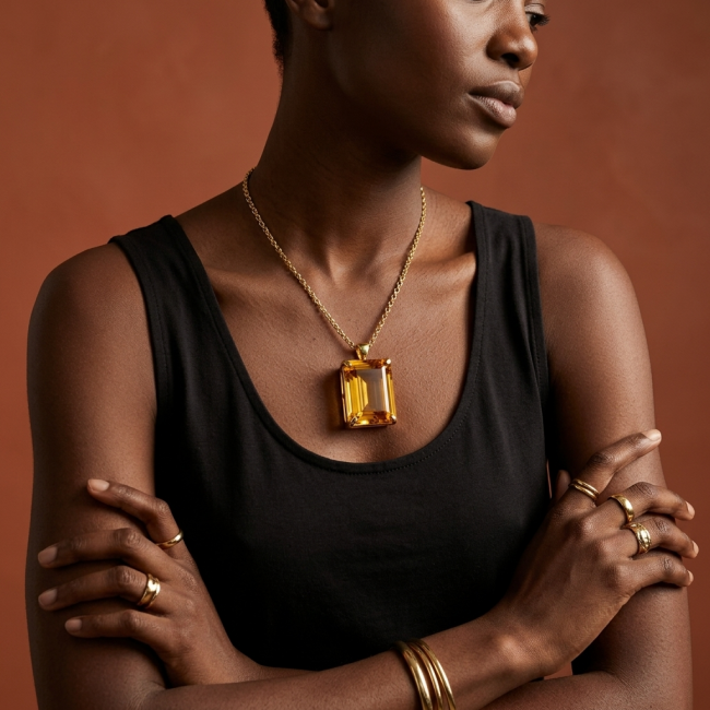 Luxury genuine 33.5 CARAT baquette cut Champagne Topaz .925 Sterling Silver dipped in 18K Gold handmade Pendant - photo 1