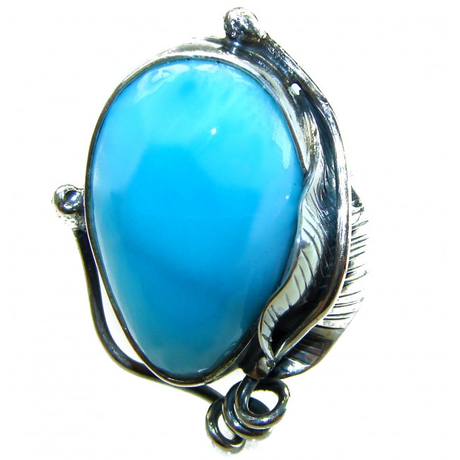 Large Blue Perfection Blue Larimar .925 Sterling Silver handmade Large ring size 8 adjustable - Close-up of a large blue larimar stone set in sterling silver.