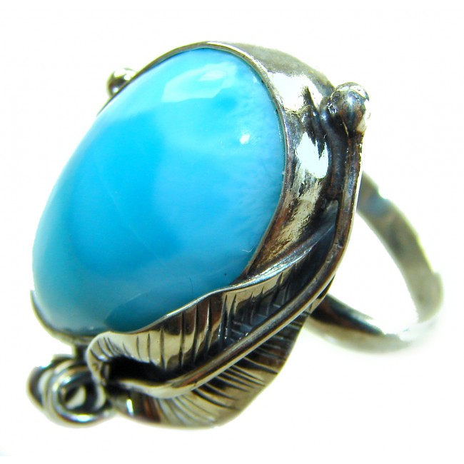 Large Blue Perfection Blue Larimar .925 Sterling Silver handmade Large ring size 8 adjustable - Close-up of large blue Larimar stone set in sterling silver ring.