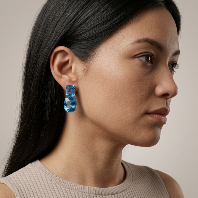 Atlantica 42.7 carat Swiss Blue Topaz 2 tones .925 Sterling Silver Handcrafted Statement earrings