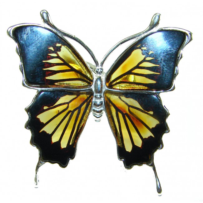 Butterfly Authentic carved Baltic Amber .925 Sterling Silver dipped in 18K Gold handcrafted ring; s. 8 adjustable