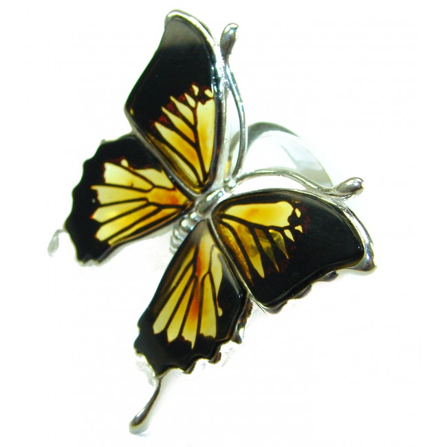 Butterfly Authentic carved Baltic Amber .925 Sterling Silver dipped in 18K Gold handcrafted ring; s. 8 adjustable