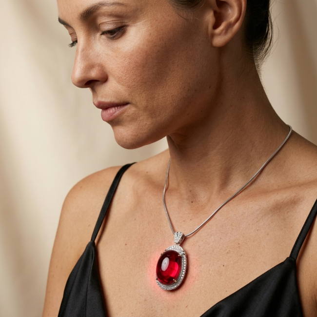 Rare finding! Deluxe 47.2 carat authentic Kashmir Ruby rhodium over .925 Sterling Silver handmade Statement Pendant