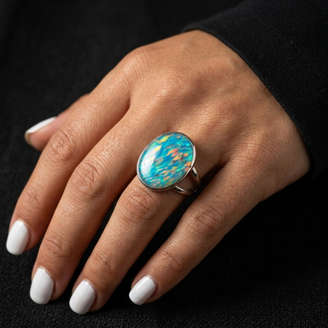 Endless Ocean Genuine 18.2 carat Australian Opal .925 Sterling Silver handmade Ring size 6 3/4