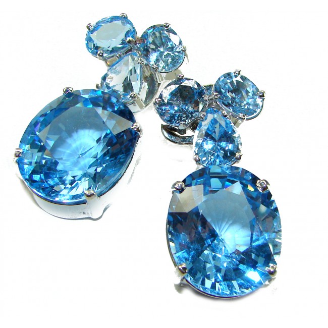 Pure Serenity 45.5 carat genuine Swiss Blue Topaz .925 Sterling Silver handmade Large Statement earrings - photo 3