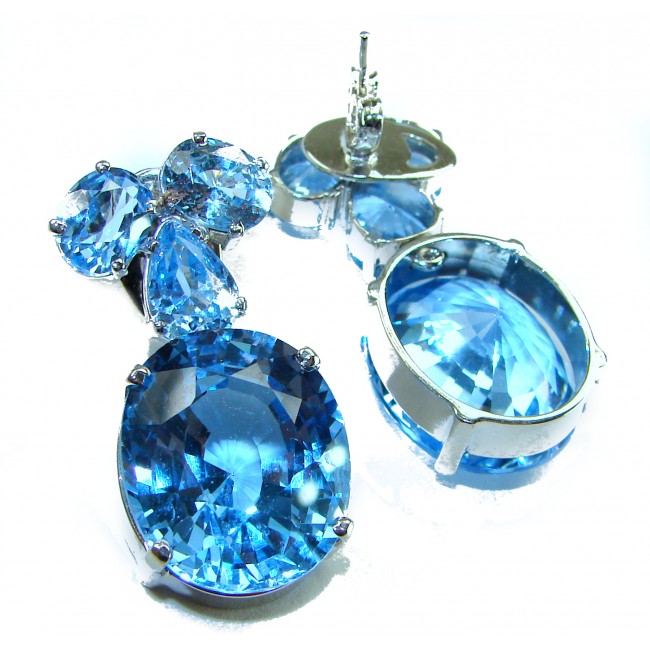 Pure Serenity 45.5 carat genuine Swiss Blue Topaz .925 Sterling Silver handmade Large Statement earrings - photo 2