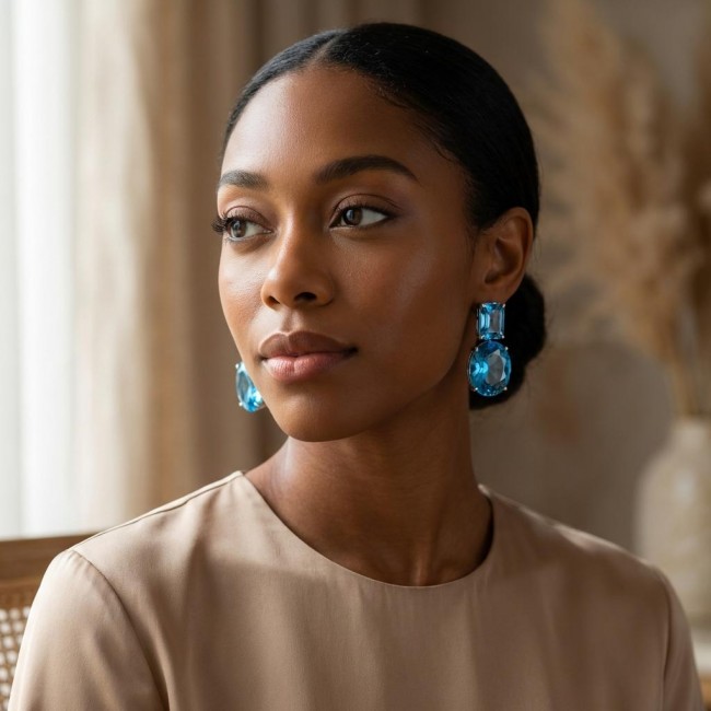 Atlantica 42.7 carat Swiss Blue Topaz 2 tones .925 Sterling Silver Handcrafted Statement earrings