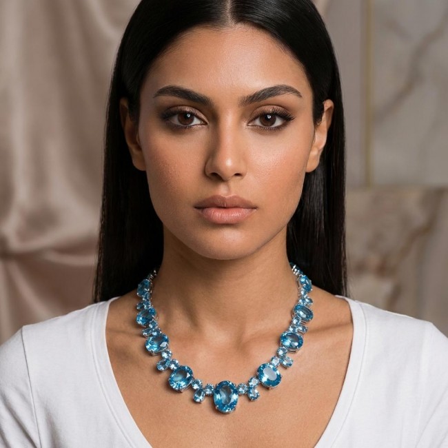 Pure Serenity 225.5 carat genuine Swiss Blue Topaz .925 Sterling Silver handmade Large Statement Necklace; 132.95 grams