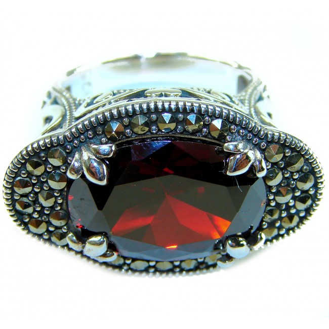 Wonderland Natural 15.7 carat Garnet Marcasite .925 Sterling Silver handmade Large Statement Ring size 8