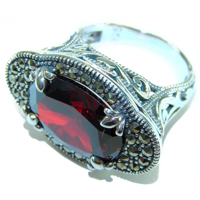 Wonderland Natural 15.7 carat Garnet Marcasite .925 Sterling Silver handmade Large Statement Ring size 8