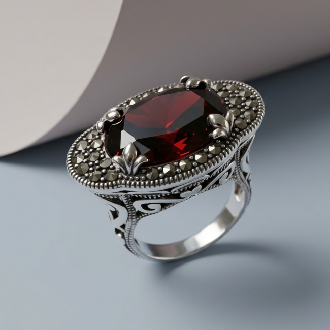 Wonderland Natural 15.7 carat Garnet Marcasite .925 Sterling Silver handmade Large Statement Ring size 8
