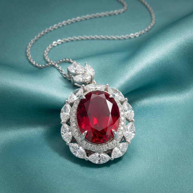 Luxurious 15.2 carat natural Ruby White Topaz .925 Sterling Silver .925 Sterling Silver Statement Necklace - Luxurious ruby pendant on teal satin, showcasing stone and setting details