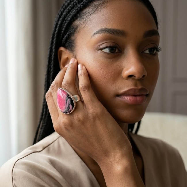 Perfect Rhodonite .925 Sterling Silver handmade Ring s. 8 adjustable