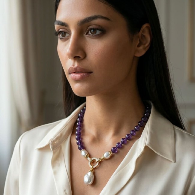 Genuine Amethyst .925 Sterling Silver dipped in 14K Gold handcrafted 16 inches long necklace