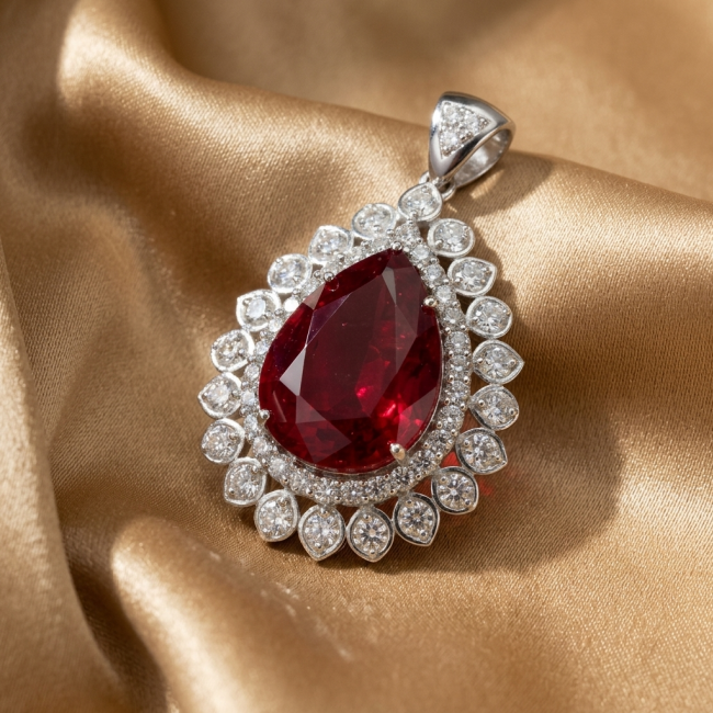 Rare finding! Deluxe 49.8 carat authentic Kashmir Ruby rhodium over .925 Sterling Silver handmade Statement Pendant