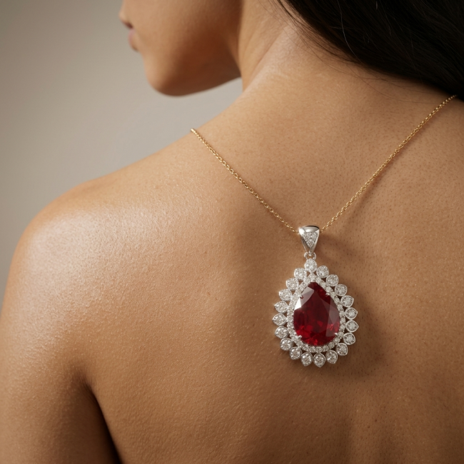 Rare finding! Deluxe 49.8 carat authentic Kashmir Ruby rhodium over .925 Sterling Silver handmade Statement Pendant