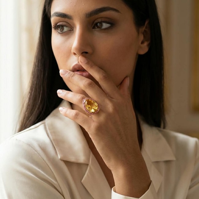 Vivien - Natural 25.8 carat pear cut BRAZILIAN Citrine .925 Sterling Silver dipped in 22K Gold handmade Statement Ring size 7 1/4