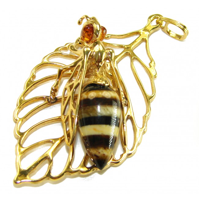 Large Golden Bee mosaic Baltic Polish Amber .925 Sterling Silver dipped in 18K Gold handcrafted Pendant