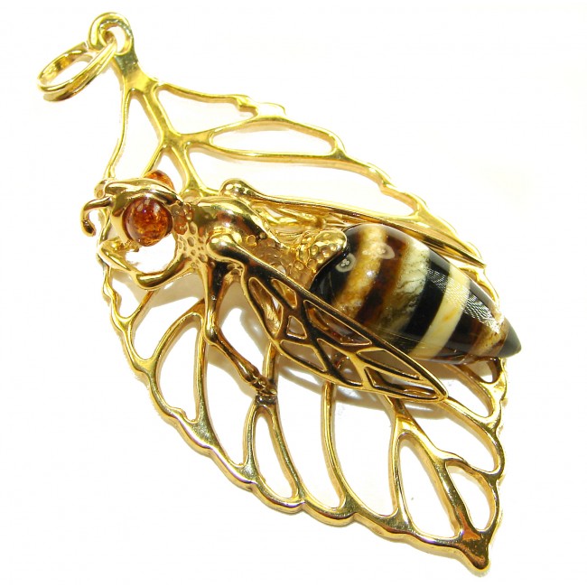 Large Golden Bee mosaic Baltic Polish Amber .925 Sterling Silver dipped in 18K Gold handcrafted Pendant