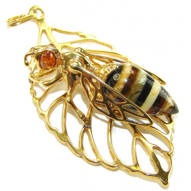 Large Golden Bee mosaic Baltic Polish Amber .925 Sterling Silver dipped in 18K Gold handcrafted Pendant