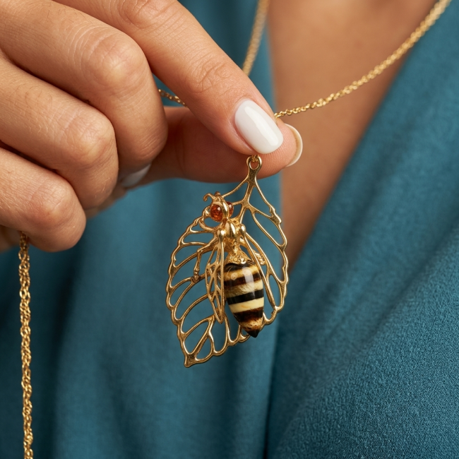 Large Golden Bee mosaic Baltic Polish Amber .925 Sterling Silver dipped in 18K Gold handcrafted Pendant