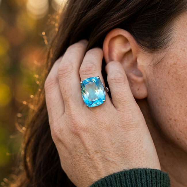 Pacifica 26.5 carat authentic Swiss Blue Topaz .925 Sterling Silver dipped in black rhodium handmade Statement Ring size 5 - photo 2