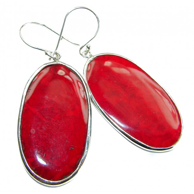 LARGE - Genuine Red Fossilized Coral .925 Sterling Silver handmade earrings