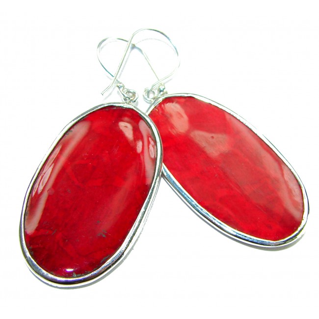 LARGE - Genuine Red Fossilized Coral .925 Sterling Silver handmade earrings
