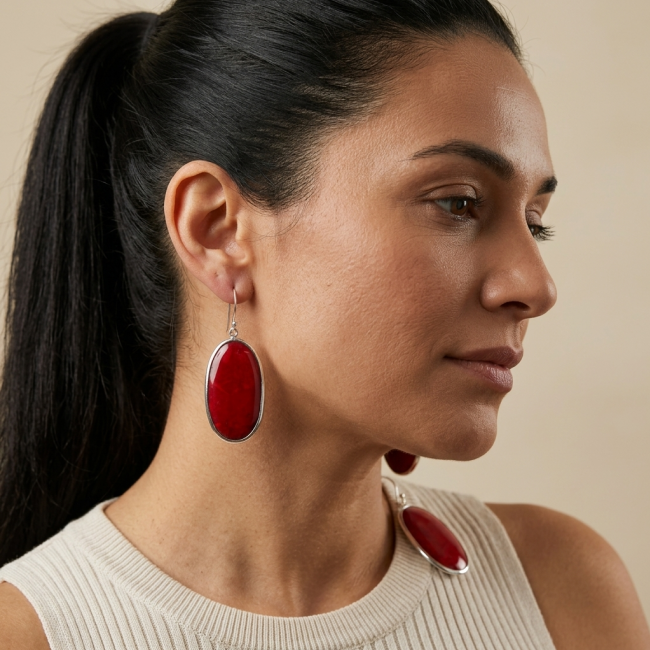 LARGE - Genuine Red Fossilized Coral .925 Sterling Silver handmade earrings