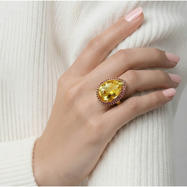 Vivien - Natural 25.8 carat pear cut BRAZILIAN Citrine .925 Sterling Silver dipped in 22K Gold handmade Statement Ring size 7 1/4