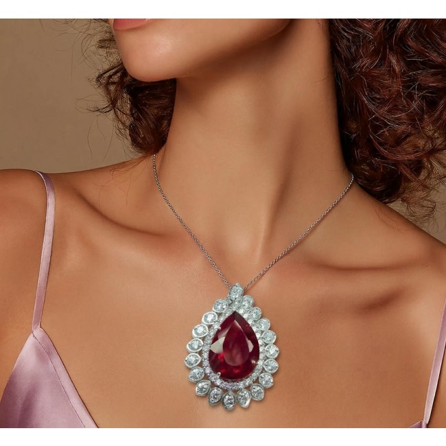 Rare finding! Deluxe 49.8 carat authentic Kashmir Ruby rhodium over .925 Sterling Silver handmade Statement Pendant