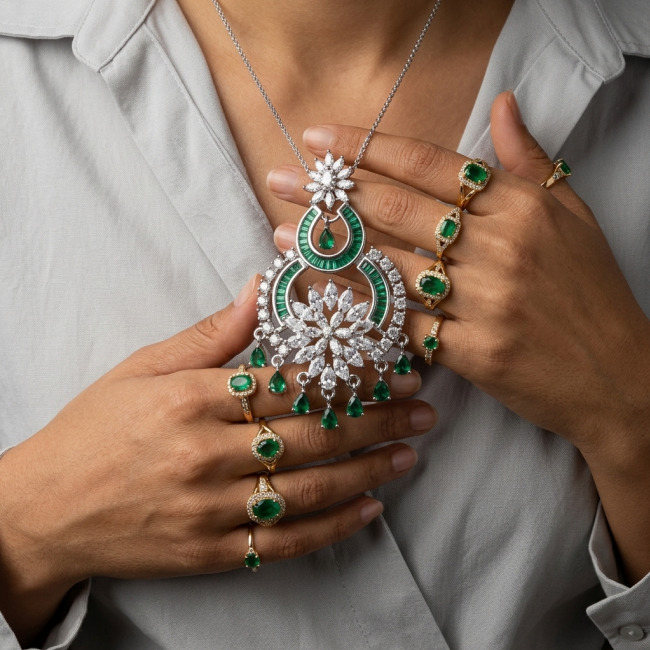 Art Deco - Heirloom - authentic 10.9 carat Colombian Emerald .925 Sterling Silver handcrafted Statement necklace