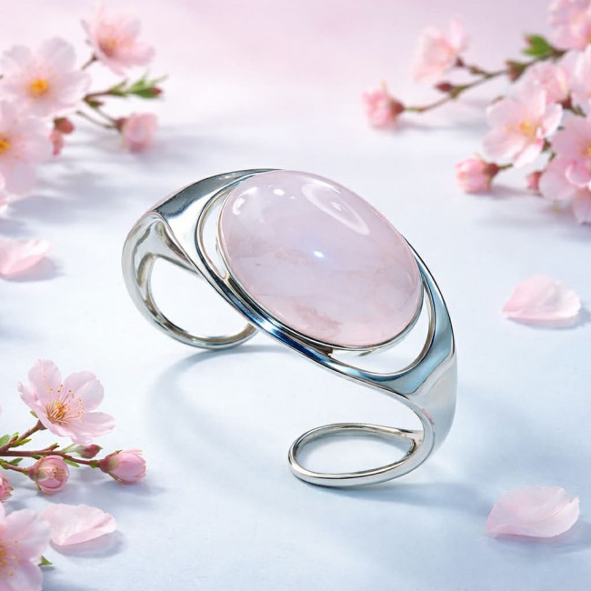 Genuine 51.5 carat Brazilian Rose Quartz .925 Sterling Silver handcrafted Bracelet / Cuff